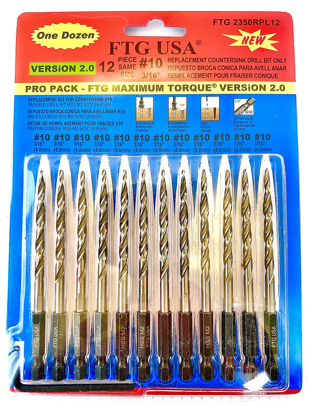 FTG USA Tapered Drill Bits for Wood 12 Pc #10 (3/16") All Same Size Replacement for FTG Countersink Drill Bit Set