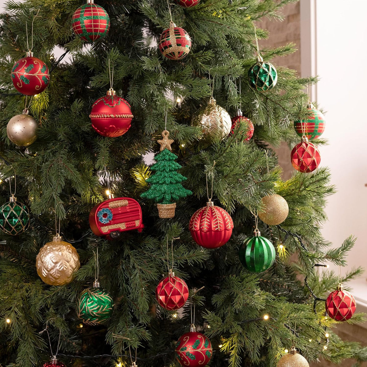 Christmas Tree Ornaments Set, 60ct Red Green and Gold Shatterproof Christmas Tree Decorations Bulk, Traditional