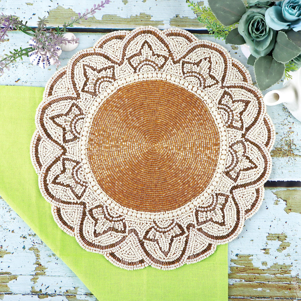 Beaded Placemats 13 Inch Gold Ivory Round Table Chargers