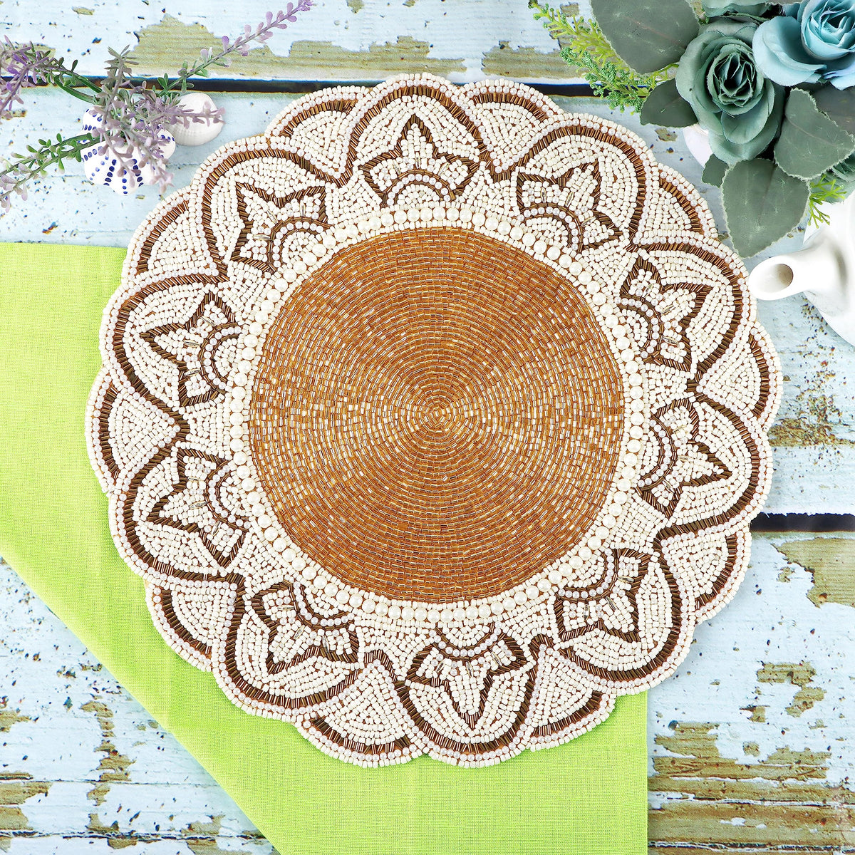 Beaded Placemats 13 Inch Gold Ivory Round Table Chargers